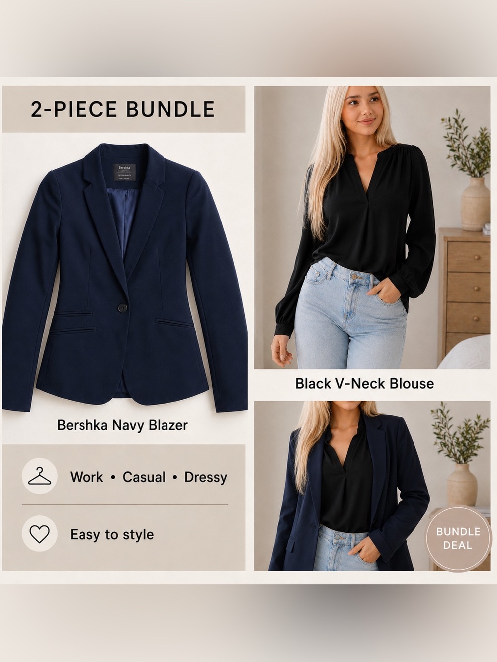 Bershka Navy Blazer with Black V-Neck Blouse - 2-Piece Bundle